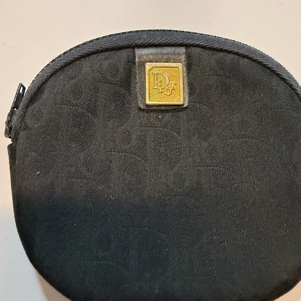 Vintage Dior Black Monogram Coin Purse Gold Plaque Made in France - AUTHENTIC